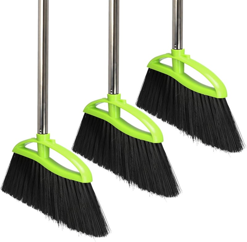 Dodifker 3 Packs Indoor Brooms Green Angle Broom Soft Bristles Long Handle for Hardwood Floor Sweeping - Image 1